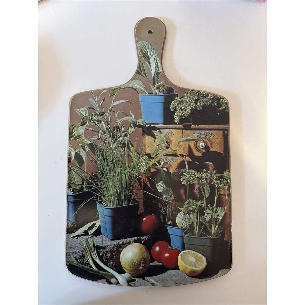 VTG MCM Wooden Cutting Board Farmhouse Wall Decor Painted Garden Scape